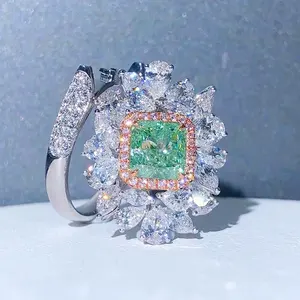 Bague et pendentif en or 18 carats avec diamant vert de laboratoire taille coussin 2 carats, certifié IGI, plaqué rhodium, pour mariage et fiançailles, vente en gros - Product Image 2