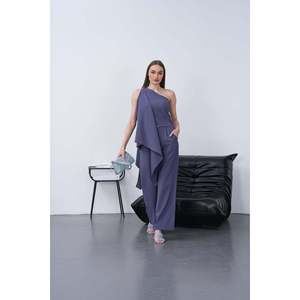 Conjunto de Dos Piezas de Chal Modal para Mujer - Conjunto de Top y Pantalones de Mezcla de Algodón Índigo Cómodo y Elegante para Uso Casual - Product Image 1