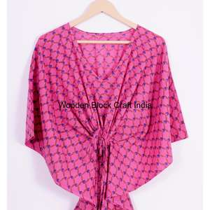 Vestido Kaftán Bohemio Indio 100% Algodón con Encaje Floral y Estampados a Cuadros, Diseño Sencillo - Ropa de Noche de Verano para Mujer, Regalo - Product Image 2