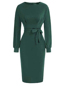 Vestido Midi Plisado Tipo Lápiz para Mujer, Nuevo Modelo 2025, Manga Tres Cuartos, Color Sólido, Elegante para Oficina - Product Image 4