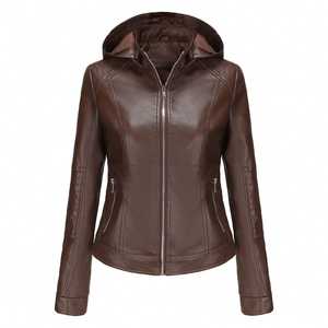 Veste en cuir pour femme, coupe ajustée, style fermeture éclair, avec capuche amovible, col montant, manches longues, veste en cuir chaude pour l'hiver - Product Image 5