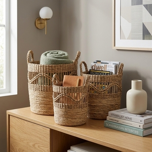 Ensemble de paniers en jacinthe d'eau et écorce de bananier naturelle, avec grille à lattes ouvertes, poignée tressée en arche, pour pot de fleurs, organisateur et décoration, Pure Art Desi - Product Image 4