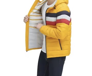 Men's <b>Yellow</b> Hooded <b>Puffer</b> <b>Jacket</b> Color Blocking Windproof Casual Winter Wear Zipper Closure 100 Polyester Filling - Product Image 4
