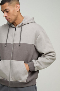 Two Tone Grey Heavyweight 100% Cotton Fleece <b>Zip</b> <b>Hoodies</b> Men Oversized Fit 410 GSM Winter Quick Dry Breathable OEM Manufacturer - Product Image 3