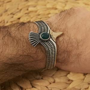 สร้อยข้อมือนกอินทรีหินสีเขียวมรกตทำด้วยมือของผู้ชายสร้อยข้อมือนกอินทรีเงินปรับได้สร้อยข้อมือนกอินทรีสัตว์ป่า - Product Image 3