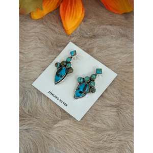 Southwest Handmade Kingman Turquoise & <b>Sterling</b> <b>Silver</b> <b>Stud</b> <b>Earrings</b> - Product Image 4