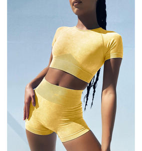 Conjunto de entrenamiento de 2 piezas acanalado sin costuras para mujer, Top corto de manga corta, pantalones cortos de Yoga de cintura alta, Material de algodón para el gimnasio diario - Product Image 4