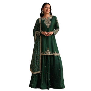 Verde Zari lavoro Palazzo tuta con Organza Dupatta all'ingrosso donna abbigliamento etnico OEM fornitore di abbigliamento personalizzato per feste - Product Image 2