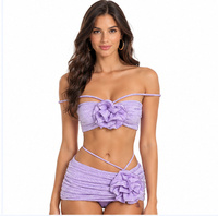 Set Bikini 3 Potong Wanita Motif Bunga 3D yang Dapat Disesuaikan, Tali Tipis, Bahu Terbuka, Rok Kerut, Bahan Waffle, Baju Renang Pantai, Mendukung OEM ODM