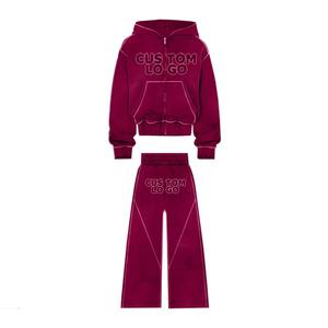 Chándal desgastado con diamantes de imitación, ropa de calle de fabricante personalizado, conjunto con cremallera y diamantes de imitación, chándal para hombre lavado con ácido - Product Image 3