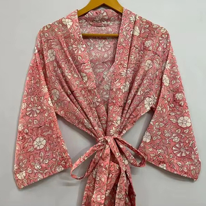 Kimono con estampado de bloques florales de talla libre, bata Jaipuri de algodón hecha a mano, cómoda, Maxi, informal, para playa, hasta el suelo - Product Image 1