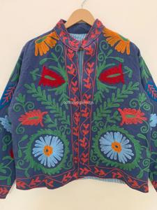 Veste en coton brodée florale bohème, col mandarin, manches trois quarts, vêtements d'extérieur pour femmes, printemps - Product Image 4