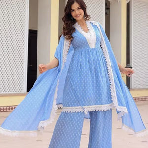 Mujeres étnicas geométricas impresas puro algodón A-Line Kurta con Palazzos & Dupatta indio pakistaní salwaar kameez - Product Image 1