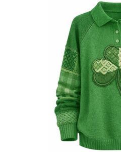 Suéter de Punto con Cuello Polo y Bordado de Trébol para Mujer, Verde, Manga Larga, Suave, Informal, para Invierno, Venta al por Mayor, Ropa de Moda - Product Image 2