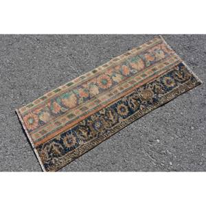 Tapis en laine turque vintage 1.5 x 3.6ft bleu et beige Patchwork Design technique de tissage plat pour les décorations de salon - Product Image 2