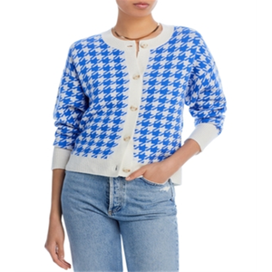 Cardigan Lungo in Cashmere Aqua Amalfi Blu Avorio con Stampa Pied-de-Poule, Taglia L per Autunno e Inverno con Decorazione a Bottoni - Product Image 1