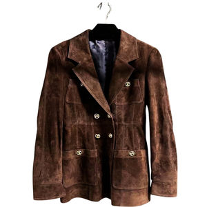 Luxury Natural <b>Women's</b> Suede Sheep <b>Leather</b> Blazer <b>Jacket</b> <b>Brown</b> Winter Summer Breathable Stand Collar Button Front - Product Image 6