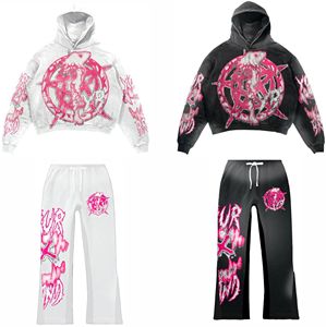 Custom Logo Embroidery <b>Oversize</b> Cropped Pullover Vintage Screen Printed DTG Distressed Flared <b>Sweatpants</b> and Hoodie Set Men - Product Image 1