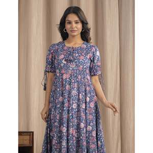 Vestido Boho de Algodón Mulmul Azul, Estampado a Mano, Cintura Imperio, Transpirable y Elegante - Product Image 1