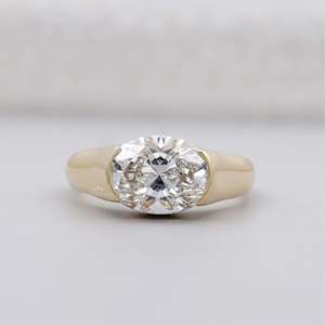 East West IGI Certified Diamond <b>Ring</b> Oval Engagement Half Bezel Set Solitaire with <b>Thick</b> Band - Product Image 1