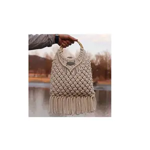 Eenvoudige Handgemaakte Katoenen Touw Stro Vrouwen Handtassen Vintage Kwastjes Gehaakte Macrame Strandtassen Clutch Portemonnees En Handtassen Dames