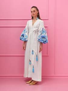 Nuevo vestido maxi de lino blanco elegante para mujer con mangas hinchadas bordadas azules y detalles de borlas vestidos bohemios para mujer - Product Image 2