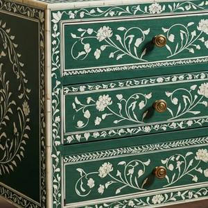 Console de rangement à tiroirs en os incrusté vert et blanc, meuble décoratif artisanal pour espaces de vie, prix de gros - Product Image 1