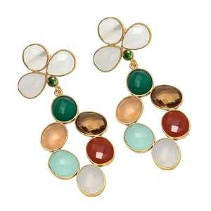 Solid 925 Sterling Silver <b>Long</b> Gold-Plated Handcrafted <b>Earrings</b> Natural Multi-Faceted Mixed Cut Gemstone Minimalist Gift Diamond - Product Image 1