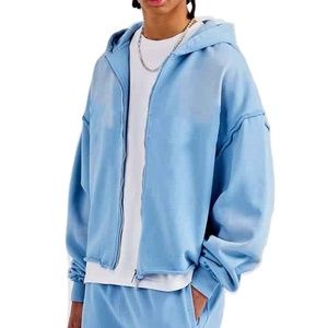 New Arrival <b>Men's</b> Casual Acid Washed <b>Hoodie</b> <b>Blue</b> Oversized Loose Zip-up with Front Logo Spring Autumn Regular Used Wholesale - Product Image 5