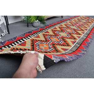 Alfombra turca Vintage, diseño de retazos, naranja, rojo, 3,3x11,5 pies, Material de lana, tejido plano, respaldo de látex para decoraciones de sala de estar - Product Image 3