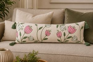 Funda de Almohada Lumbar de Algodón Bordada a Mano con Tulipanes Rosas, Decorativa, Larga, con Borlas, para Sofá - Product Image 4