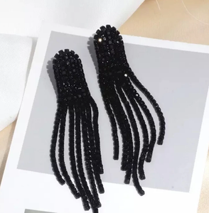 Trendy <b>Black</b> 3.5" Fringe <b>Earrings</b> | <b>Black</b> Prom <b>Earrings</b> | <b>Black</b> Pageant <b>Earrings</b> | <b>Black</b> Statement <b>Earrings</b> - Product Image 2