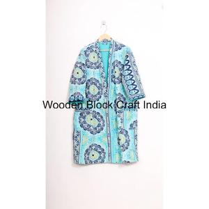 Veste d'hiver réversible matelassée longue en coton biologique 100% pour femmes, écologique, avec motif peint à la main, fermeture à ceinture - Product Image 1