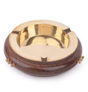 Round Wooden Ashtray with Brass top and a heavy base Natural Solid Wooden Circular Ashtray Indoor and Outdoor Desktop Ashtray - Product Image 1