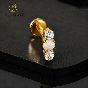 Anting-anting titanium ASTM F136 ukuran 16G dengan ulir dalam, tiga manik-manik CZ Opal, untuk helix, conch, tulang rawan, tragus, dengan bagian belakang datar. - Product Image 3