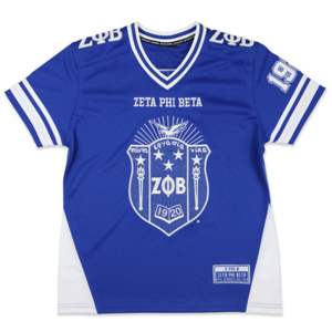 ZPB Football Jersey - Black & <b>Royal</b> <b>Blue</b> | 100% Polyester Zeta Phi Beta Jersey with Embroidered Logos & Shield | V-Neck - Product Image 1