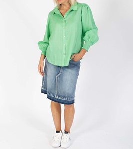 Light Green Casual Women's Shirts <b>Custom</b> Ladies Tops Blouse <b>Balloon</b> Sleeves Deep Shirred Cuff Curved Hemline Linen Fabric Summer - Product Image 5