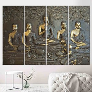 Arte de pared en lienzo impreso: Estatua de Buda sereno para decoración de sala de estar y meditación, 4P: Enmarcado tipo galería - Product Image 1