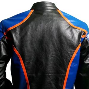 Mens Racing Style Leather <b>Jacket</b> Color Block Design Zipper Front <b>Padded</b> Panels Stand Collar Streetwear Outerwear - Product Image 6