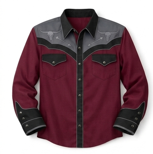 Camisa Vaquera Occidental Unisex Personalizada OEM de Manga Larga, Estilo Vintage, Corte Ajustado, con Ribete en Contraste y Bordado, con Botones - Product Image 1
