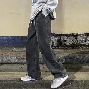 2025 hommes décontracté marque vêtements Style coréen Streetwear noir et bleu clair taille moyenne ample droite large jambe pantalon - Product Image 1
