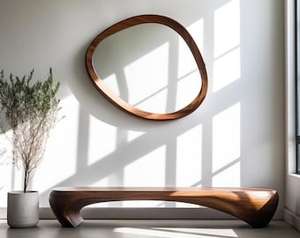 Espejo de tocador de estilo Art Deco con diseño ondulado asimétrico ligero ecológico hecho a mano, decoración de lujo para el hogar, madera de nogal Real - Product Image 6