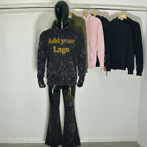 Conjunto Deportivo Formal Térmico con Lavado Ácido, Sudadera con Capucha de Manga Larga y Pantalones Jogger de Pierna Ancha con Pedrería, Servicio OEM, Logotipo Frontal - Product Image 1