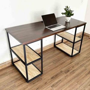 BD68091 <b>Foldable</b> Computer <b>Table</b> with Wooden <b>Legs</b> and Iron Frame Desk with Bookshelf and Storage for Office Use 140x60x75cm - Product Image 2