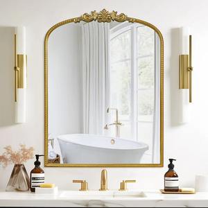 Espejo de Pared Arqueado Estilo Art Deco Dorado, Marco Ornamentado con Cuentas, Acabado en Latón Antiguo para Baño, Decoración de Bodas - Product Image 4