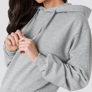 Sweat à capuche court gris chiné pour femmes 100% coton surdimensionné Streetwear pull décontracté goutte épaule recadrée sweats à capuche pour femmes - Product Image 3