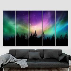 ภาพพิมพ์บนผ้าใบออโรร่า บอเรลลิส:ภาพเงาในป่า, ศิลปะบนผนังท้องฟ้าเต็มไปด้วยดวงดาว, ชุดผ้าใบ 5 ชิ้น - Product Image 1