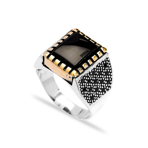 Square Agate Gemstone Round <b>Black</b> Zircon Stone Design Ottoman <b>Men's</b> <b>Ring</b> Turkish Handmade Wholesale Authentic Silver <b>Men</b> <b>Ring</b> - Product Image 1