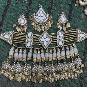 Ensemble collier et boucles d'oreilles turquoises afghanes tendance, bijoux de mariage antiques faits à la main - Product Image 1