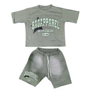 Ensembles décontractés pour hommes T-shirt sans manches à bords bruts en tricot deux pièces avec short de survêtement délavé à l'acide ensembles de short personnalisés - Product Image 2